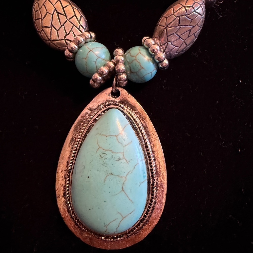 Boho Turquoise Teardrop Pendant Necklace Southwestern Style - Picture 2 of 5